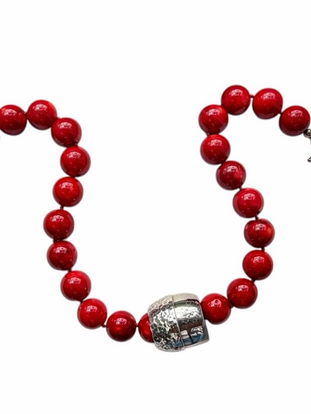 Simon Sebagg Red Coral Bead Necklace With Hammered Sterling Silver Pendant